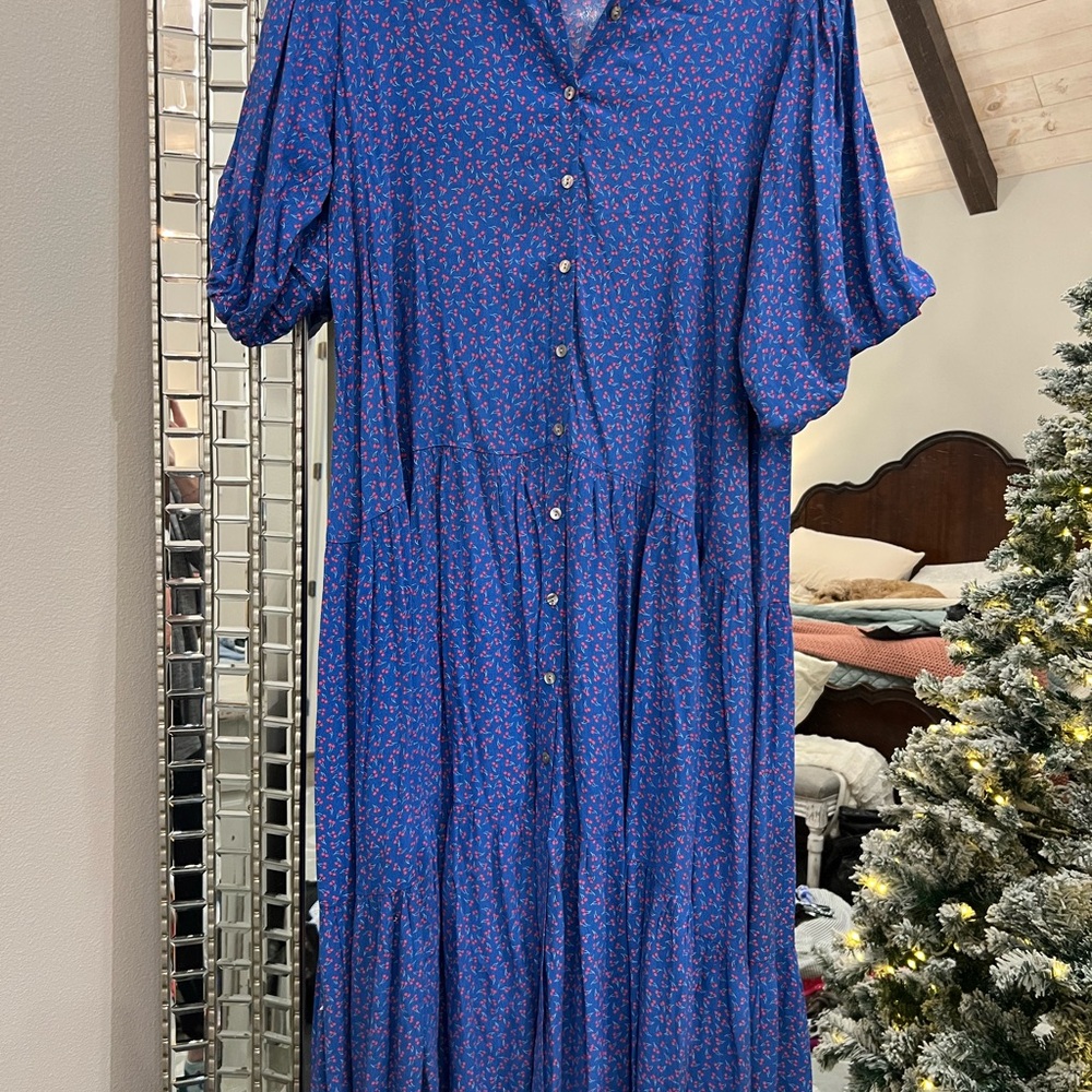 Blue Midi Sundress with Puff Sleeves and Notched Collar